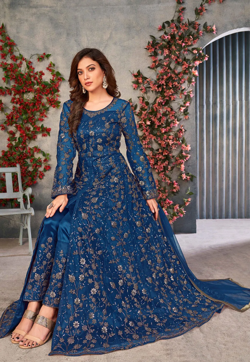 Embroidered Net Front Slit Abaya Style Suit in Teal Blue