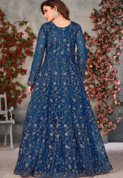 Embroidered Net Front Slit Abaya Style Suit in Teal Blue