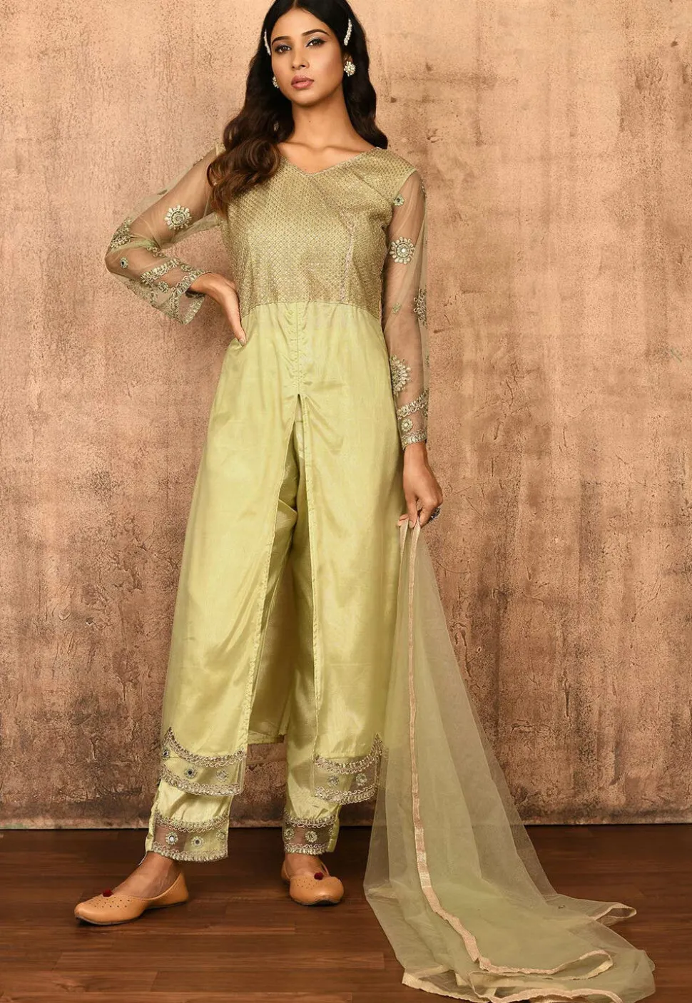 Embroidered Net Front Slit Pakistani Suit in Light Green