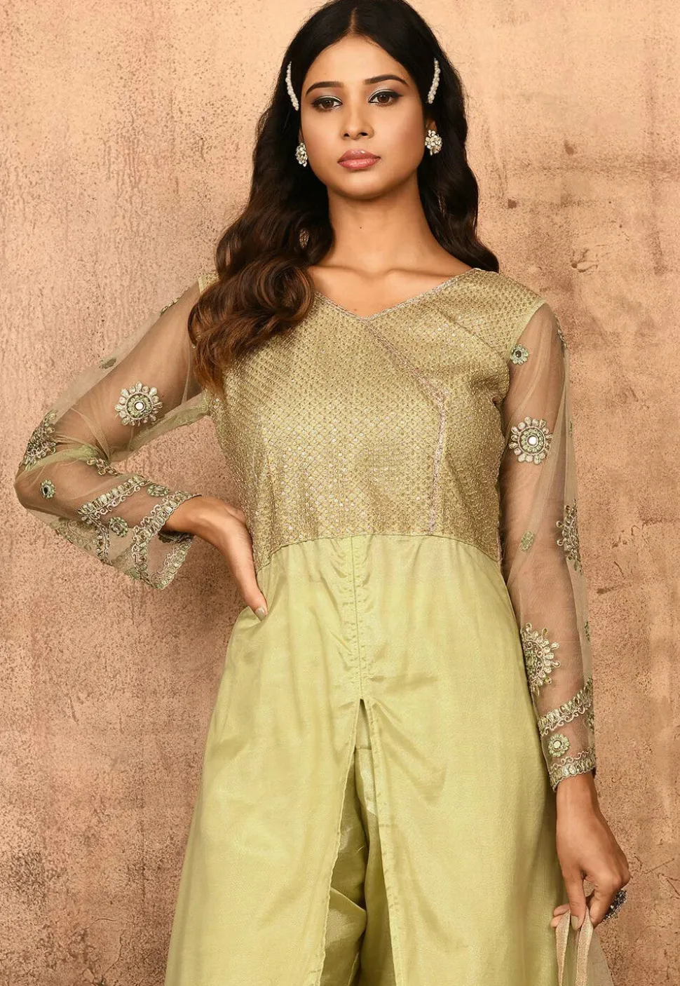 Embroidered Net Front Slit Pakistani Suit in Light Green