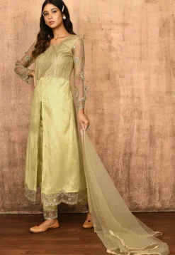 Embroidered Net Front Slit Pakistani Suit in Light Green