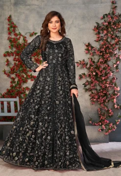 Embroidered Net Front Slit Abaya Style Suit in Black