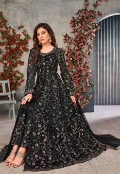 Embroidered Net Front Slit Abaya Style Suit in Black