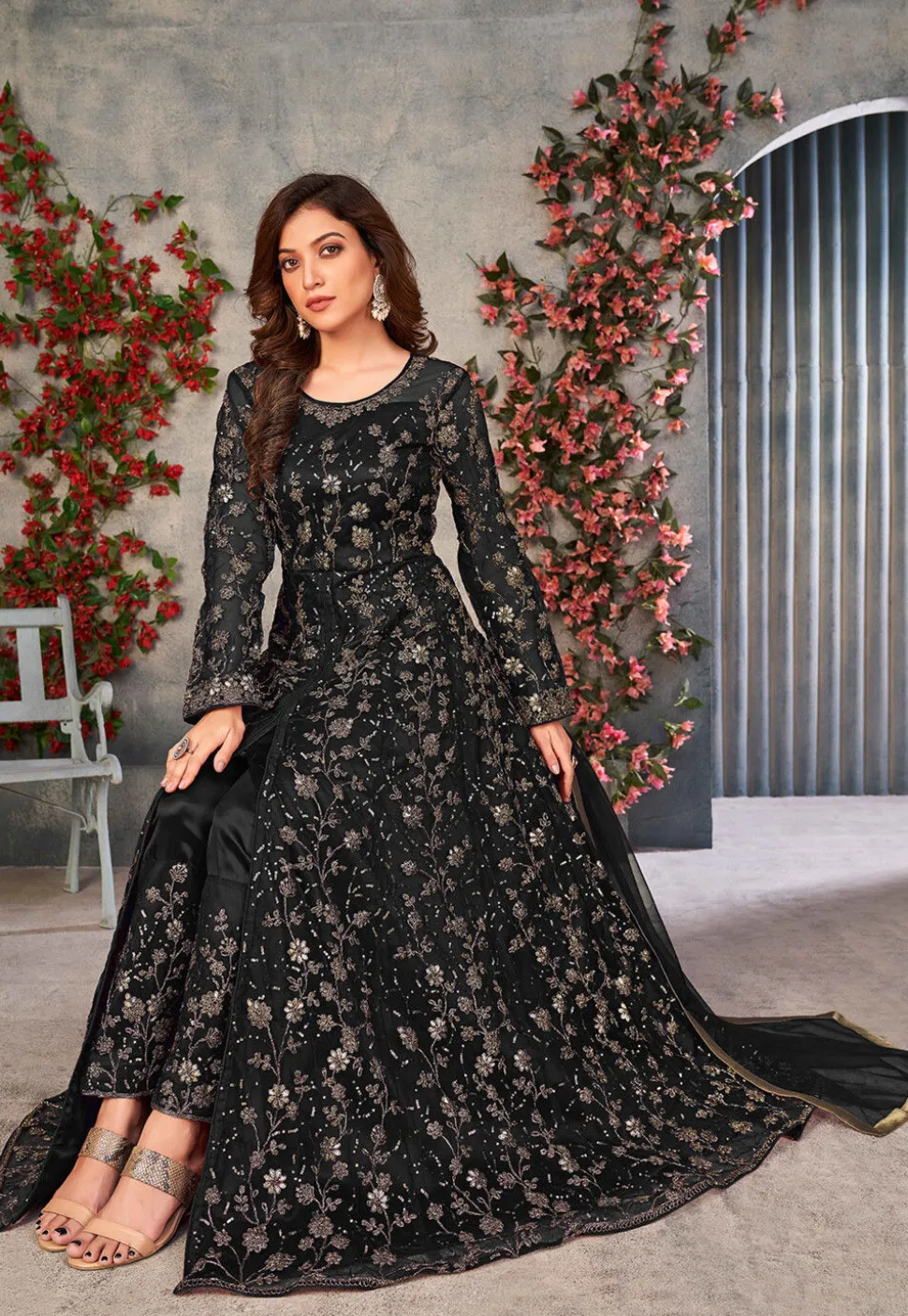 Embroidered Net Front Slit Abaya Style Suit in Black