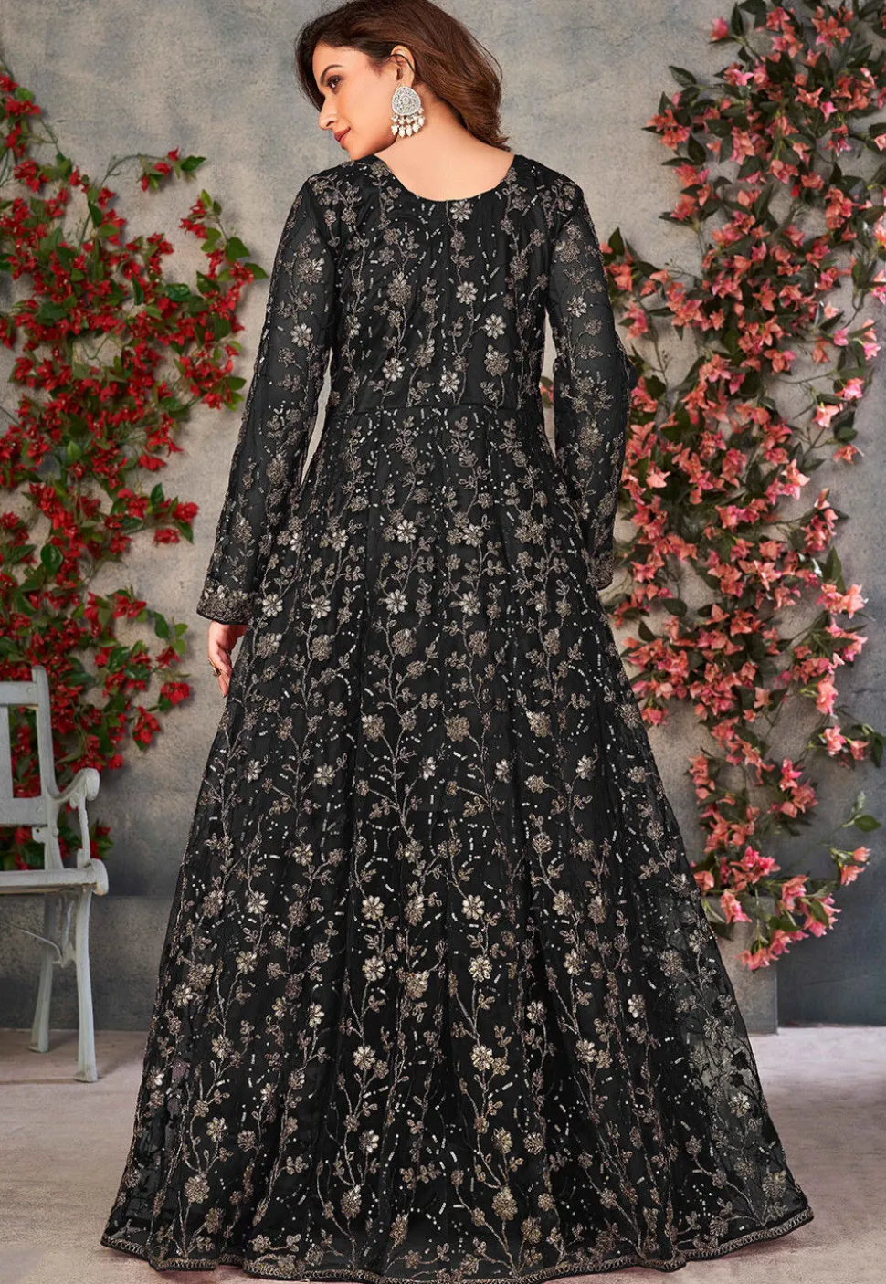 Embroidered Net Front Slit Abaya Style Suit in Black