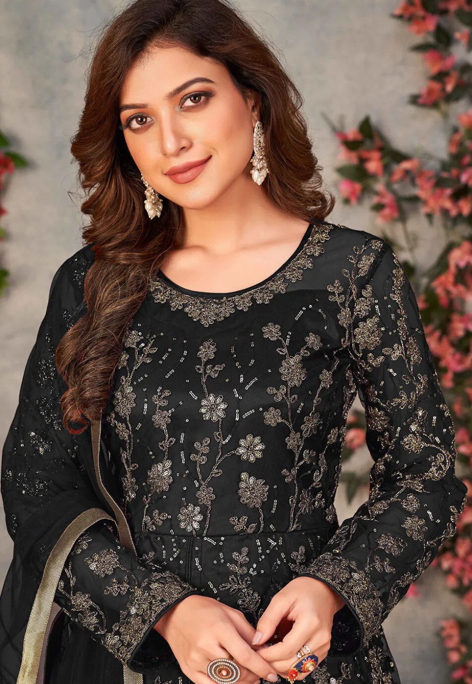 Embroidered Net Front Slit Abaya Style Suit in Black