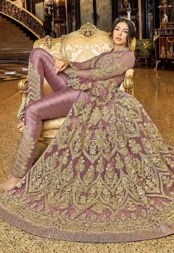 Embroidered Net Front Slit Abaya Style Suit in Light Purple