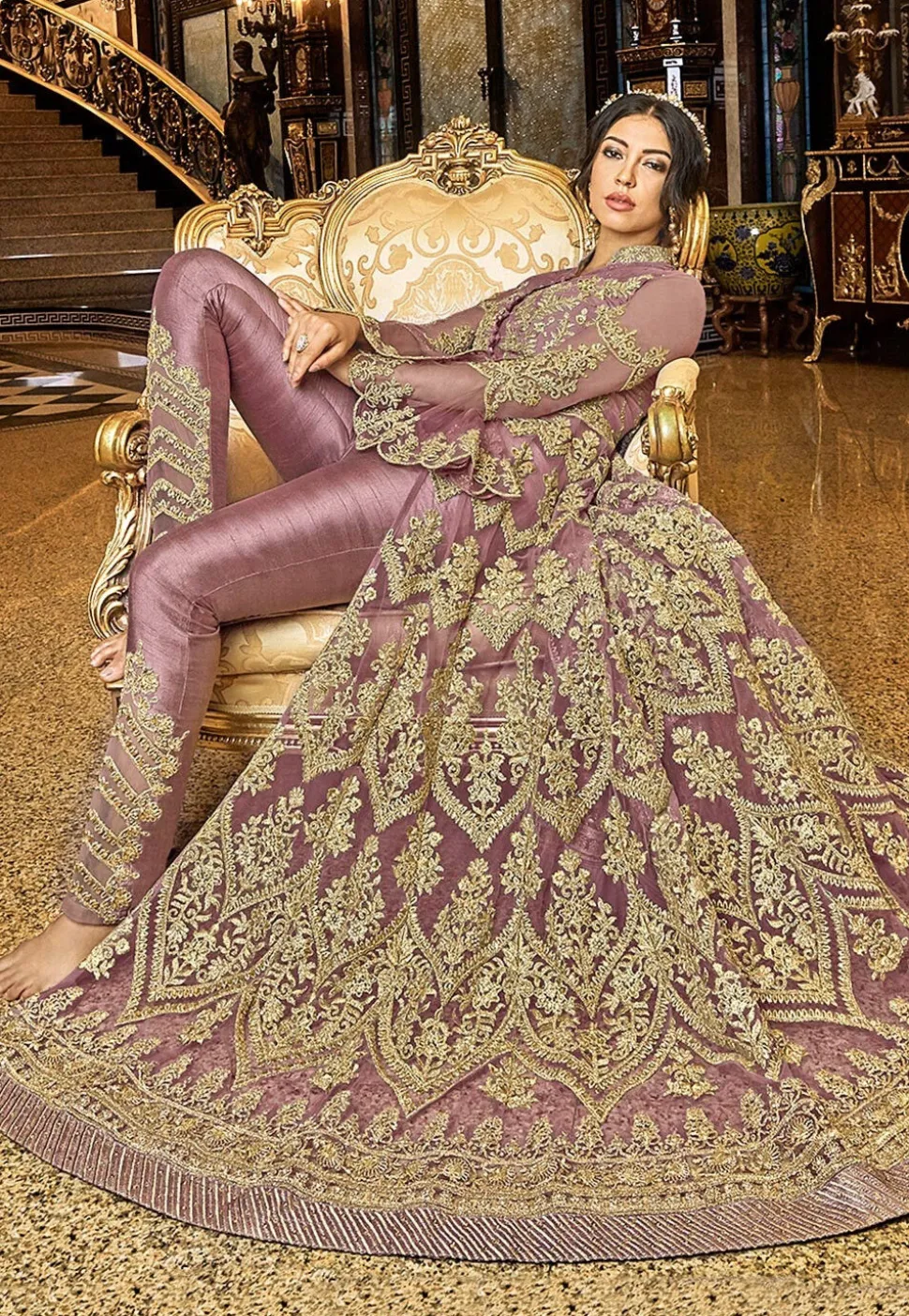 Embroidered Net Front Slit Abaya Style Suit in Light Purple