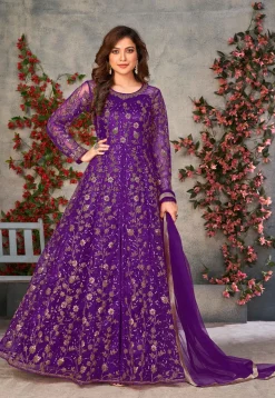 Embroidered Net Front Slit Abaya Style Suit in Purple
