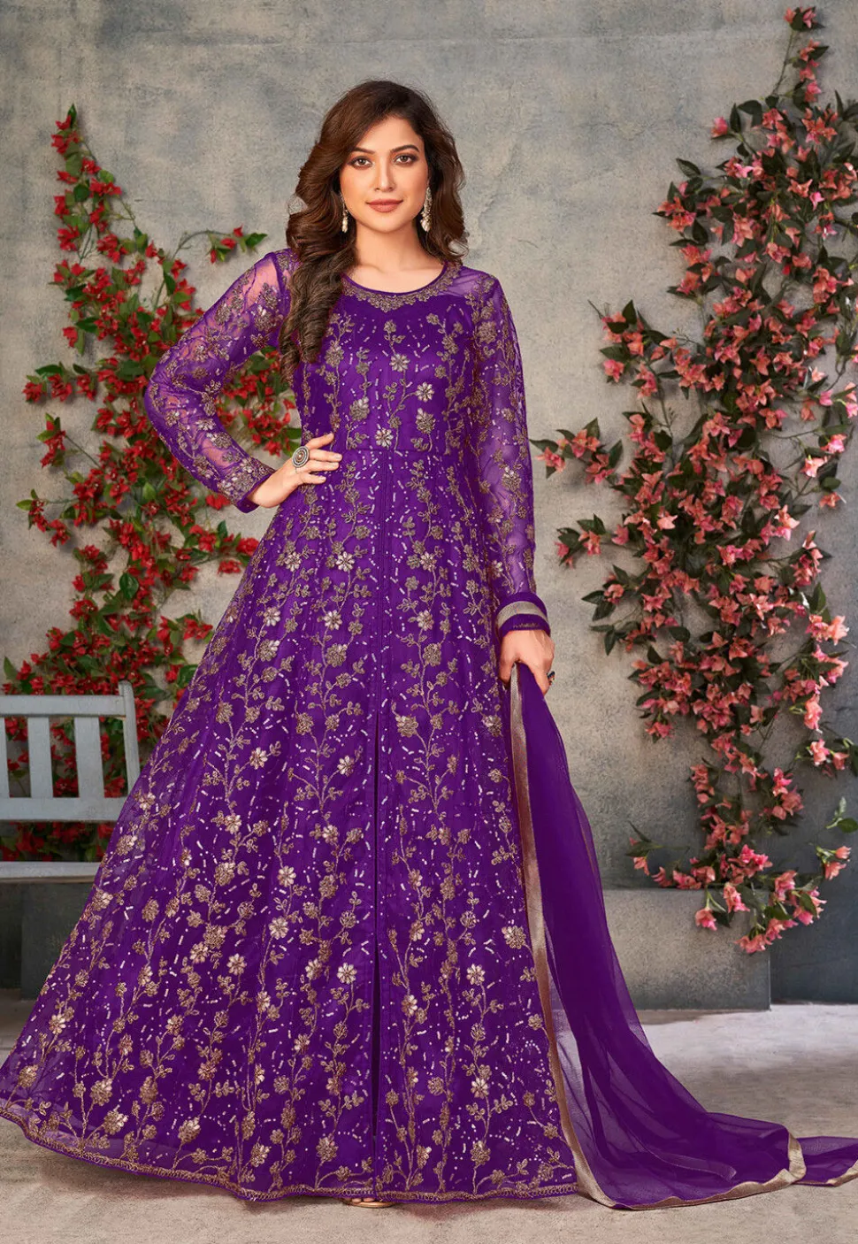 Embroidered Net Front Slit Abaya Style Suit in Purple
