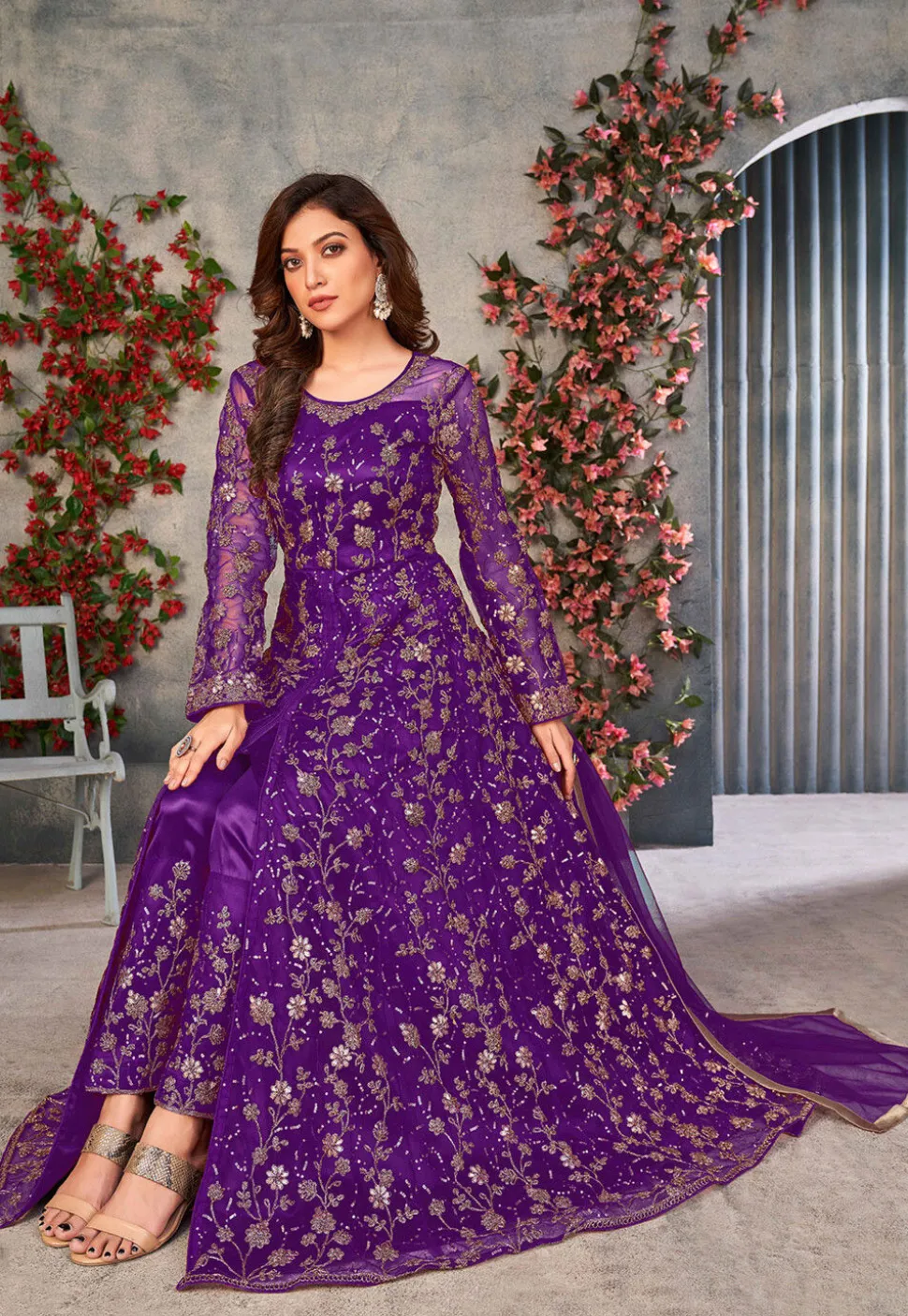 Embroidered Net Front Slit Abaya Style Suit in Purple