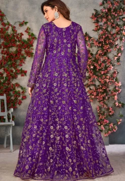 Embroidered Net Front Slit Abaya Style Suit in Purple