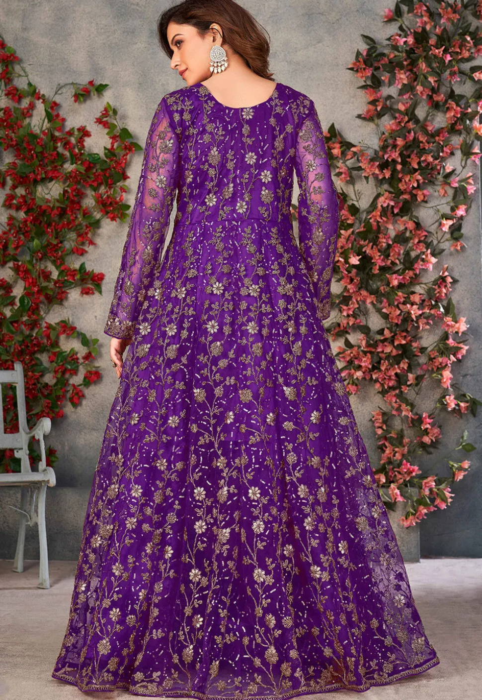 Embroidered Net Front Slit Abaya Style Suit in Purple