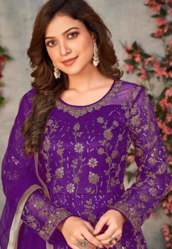 Embroidered Net Front Slit Abaya Style Suit in Purple