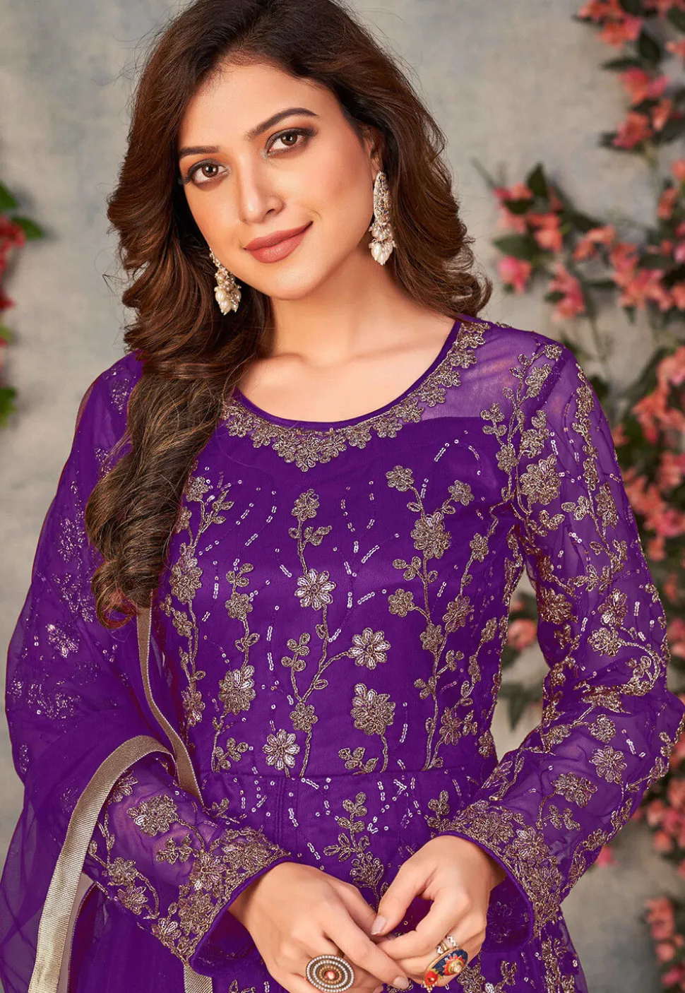 Embroidered Net Front Slit Abaya Style Suit in Purple