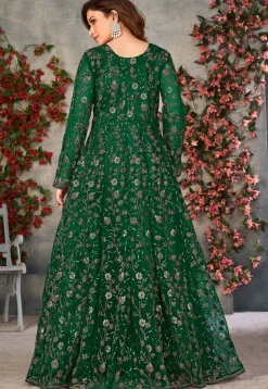 Embroidered Net Front Slit Abaya Style Suit in Green