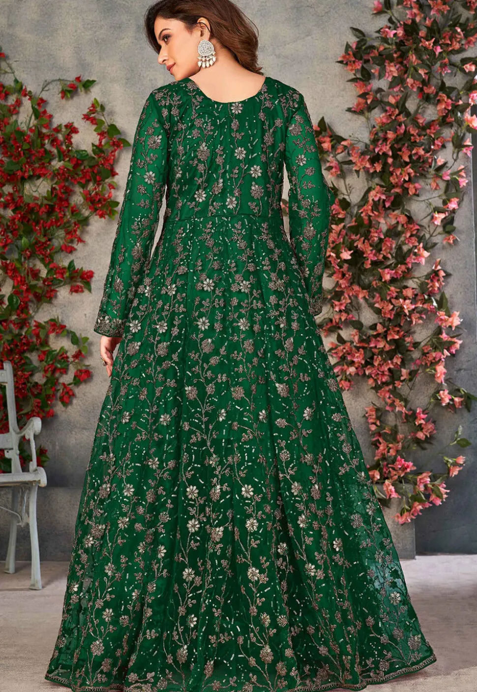 Embroidered Net Front Slit Abaya Style Suit in Green