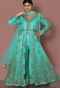 Embroidered Net Front Slit Pakistani Suit in Turquoise