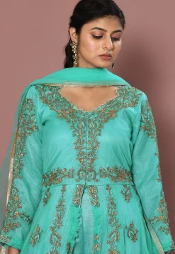 Embroidered Net Front Slit Pakistani Suit in Turquoise