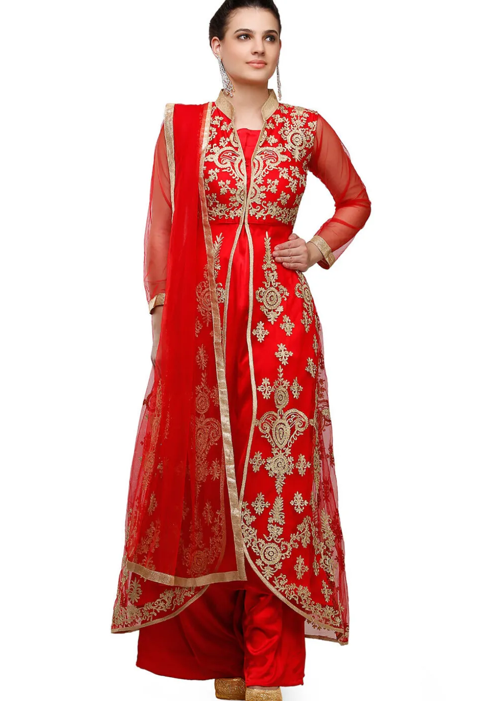 Embroidered Net Front Slit Pakistani Suit in Red