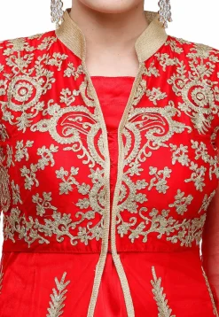 Embroidered Net Front Slit Pakistani Suit in Red