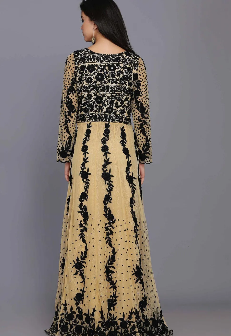 Embroidered Net Gown in Beige