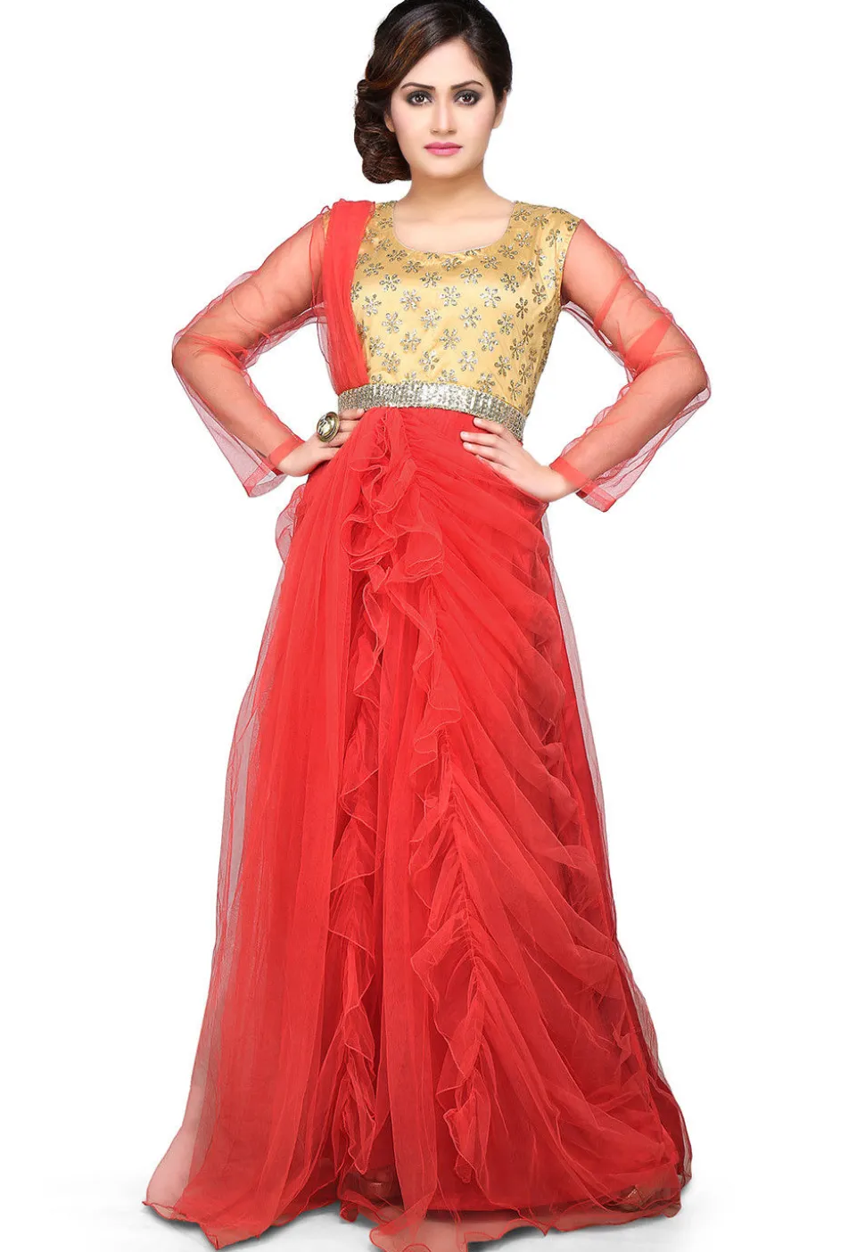 Embroidered Net Gown In Coral and Beige