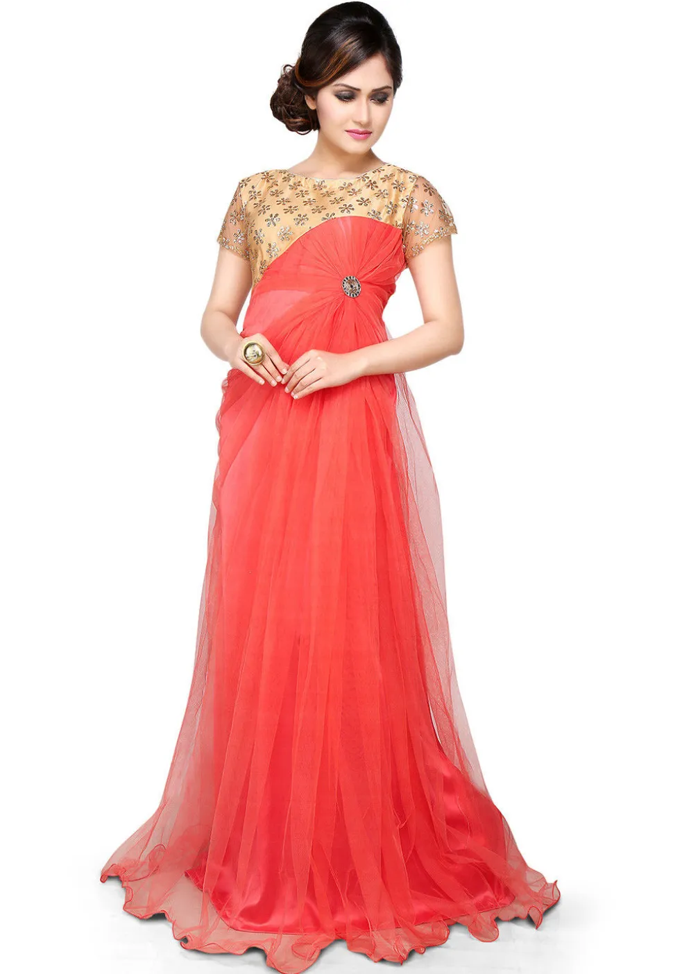 Embroidered Net Gown In Coral and Beige