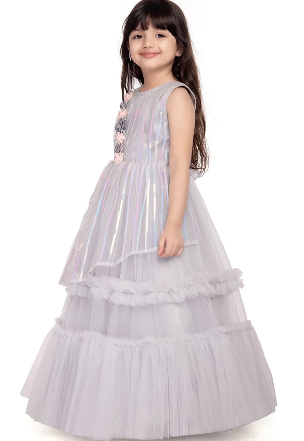 Embroidered Net Gown in Grey