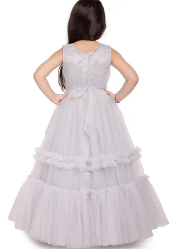 Embroidered Net Gown in Grey