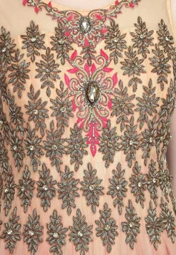 Embroidered Net Gown in Light Peach and Maroon