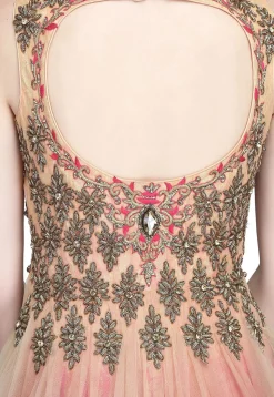 Embroidered Net Gown in Light Peach and Maroon