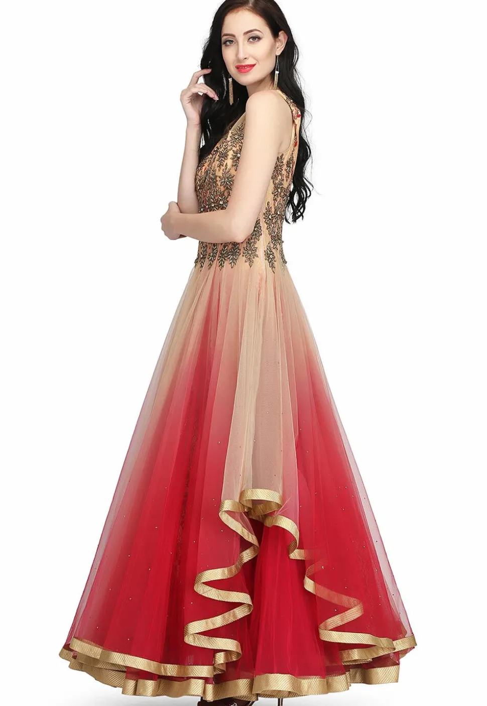 Embroidered Net Gown in Light Peach and Maroon