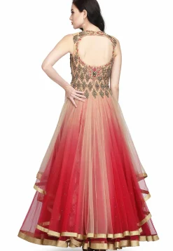 Embroidered Net Gown in Light Peach and Maroon