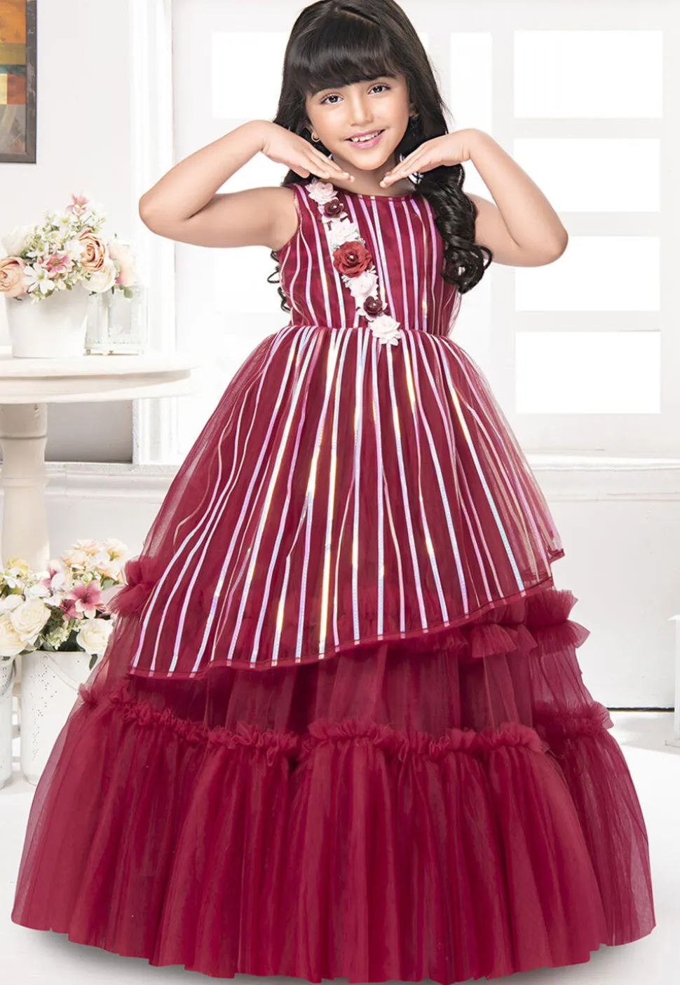Embroidered Net Gown in Maroon