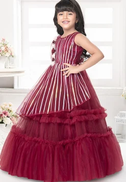 Embroidered Net Gown in Maroon