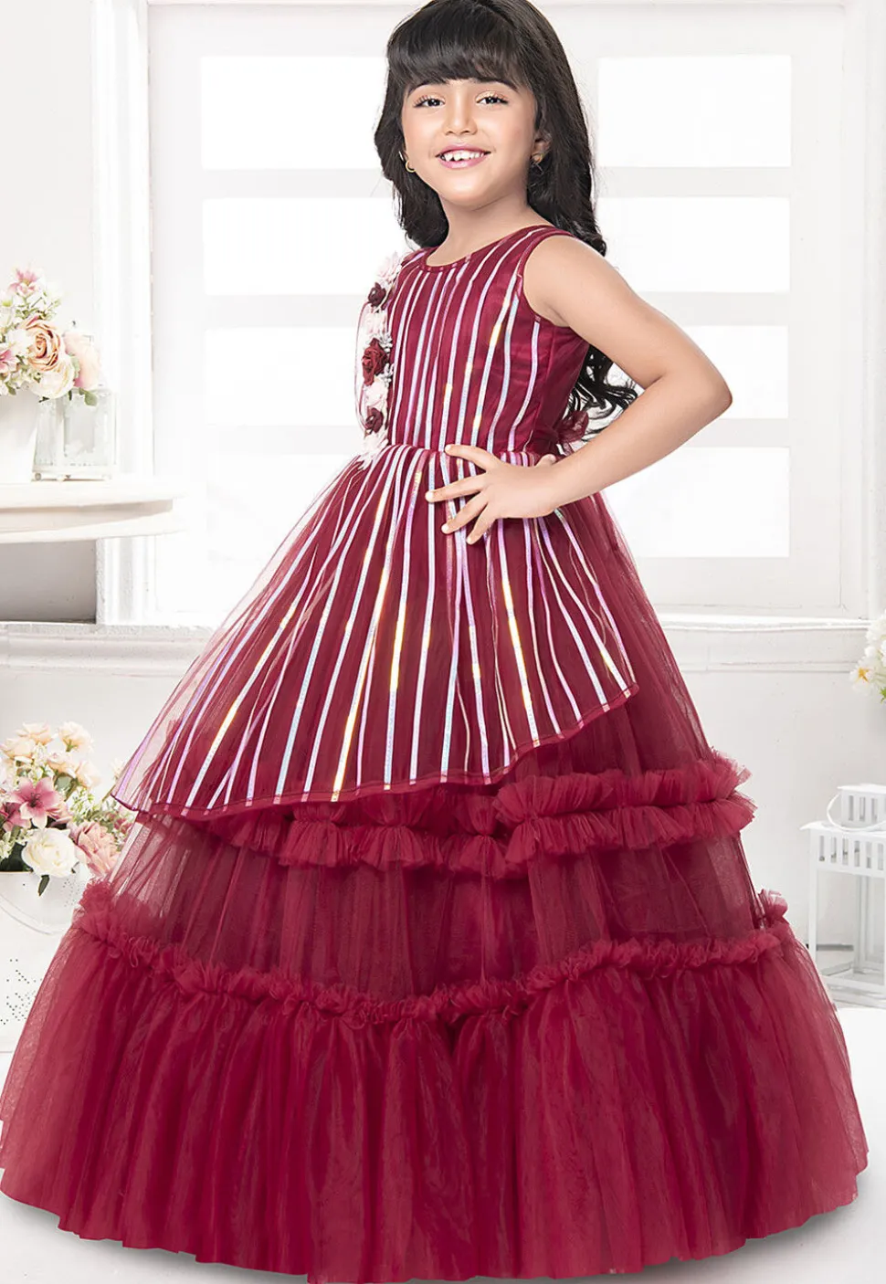 Embroidered Net Gown in Maroon