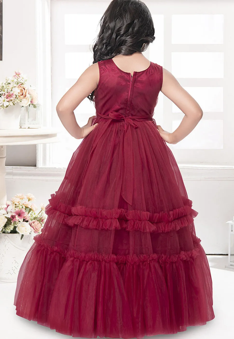 Embroidered Net Gown in Maroon