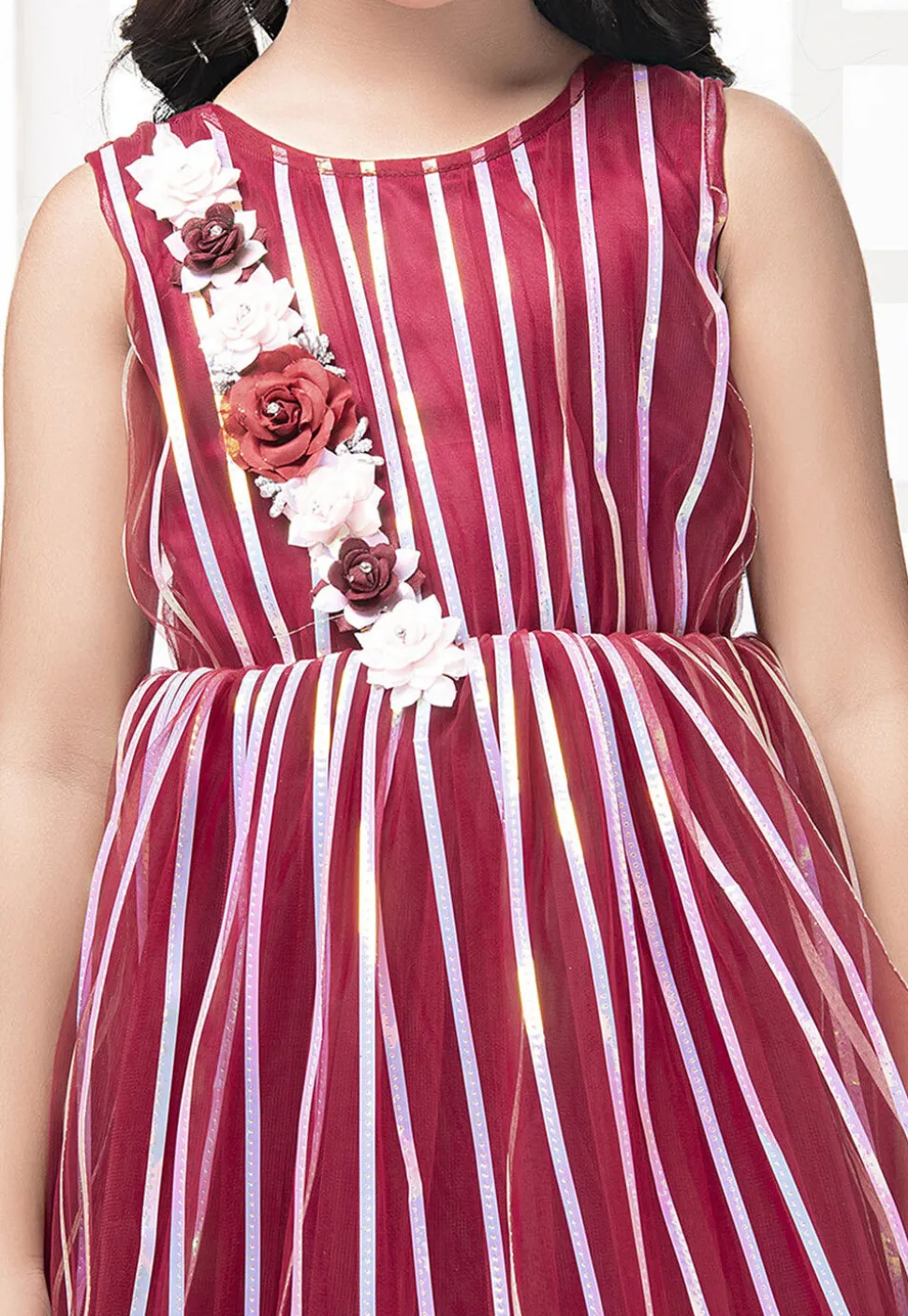 Embroidered Net Gown in Maroon