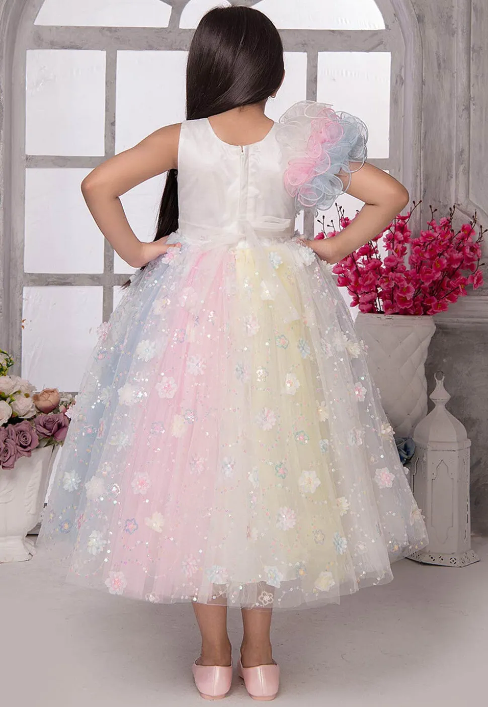 Embroidered Net Gown in Multicolor