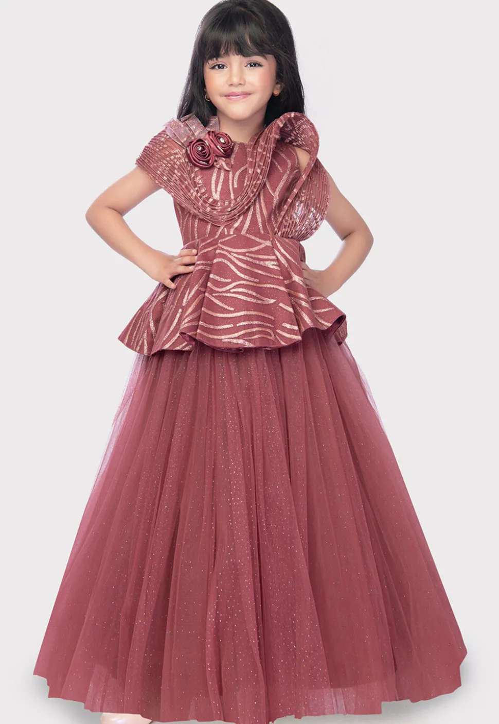 Embroidered Net Gown in Old Rose