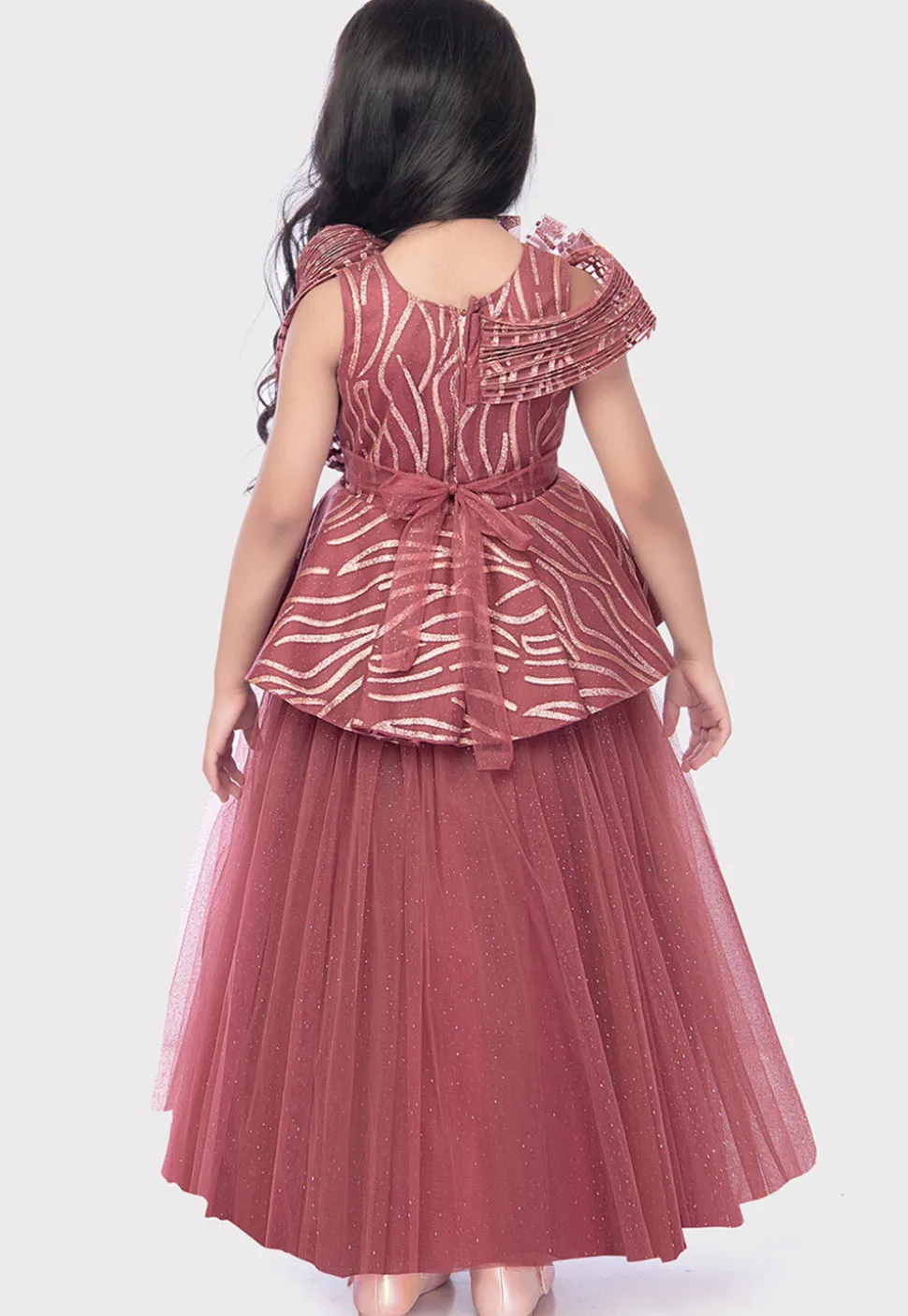 Embroidered Net Gown in Old Rose