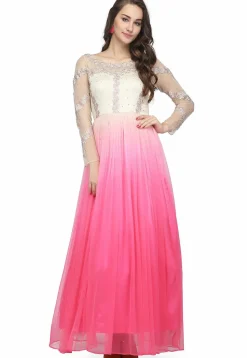 Embroidered Net Gown in Off White and Pink