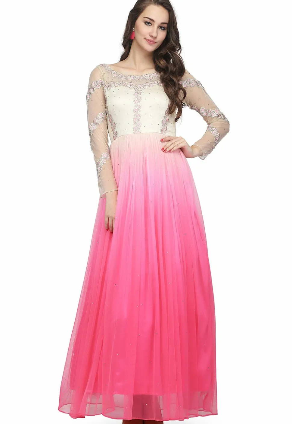 Embroidered Net Gown in Off White and Pink