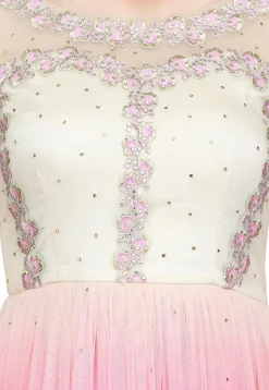 Embroidered Net Gown in Off White and Pink