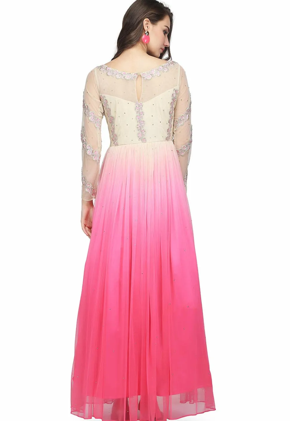 Embroidered Net Gown in Off White and Pink
