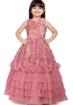Embroidered Net Gown in Peach