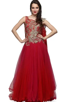 Embroidered Net Gown in Red and Fuchsia