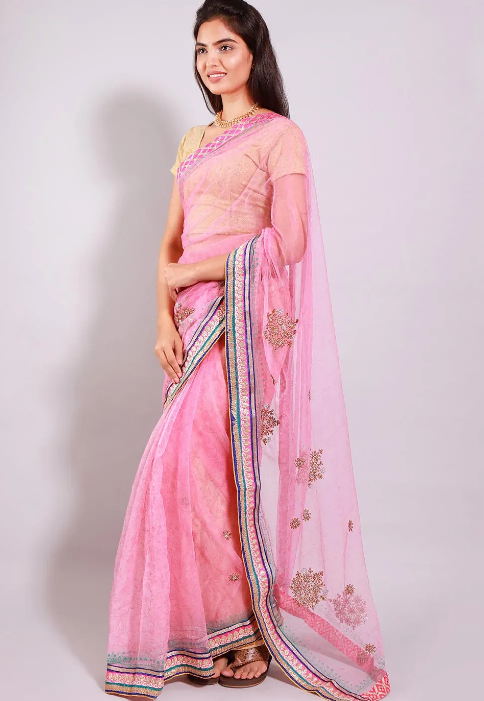 Embroidered Net Half N Half Saree in Pink