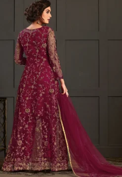 Embroidered Net Jacket Style Pakistani Suit in Maroon